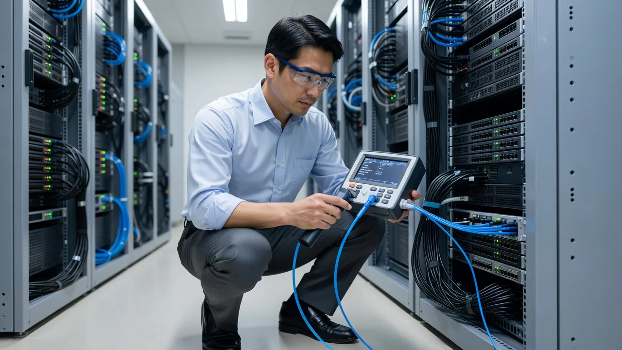 光ファイバー回線の試験を行う様子